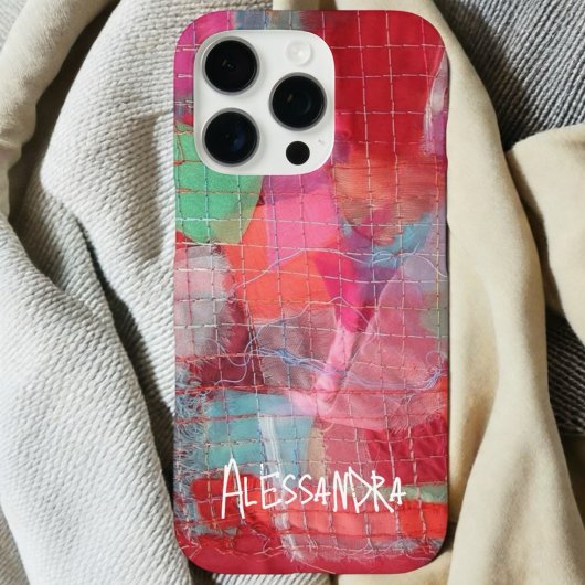 赤とピンクのモノグラム名抽象パターン iPhoneケース