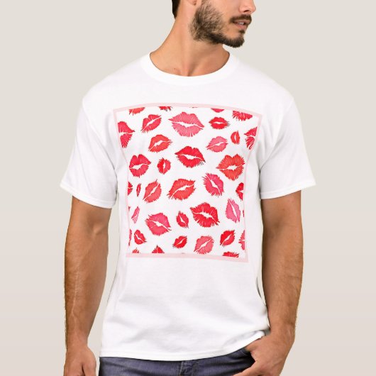 赤とピンクのリップパターンアート Tシャツ (正面)