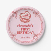 赤とピンクのリボンケーキ女の子の誕生日 ペーパープレート (正面)