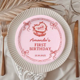 赤とピンクのリボンケーキ女の子の誕生日 ペーパープレート
