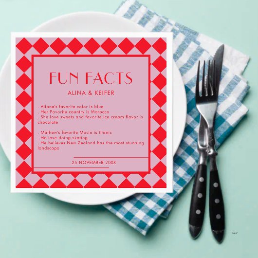 赤とピンクのレトロはっきりしたおもしろい事実結婚の スタンダードカクテルナプキン