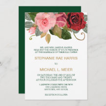 赤とピンクのローズ縁ど結婚式招待状