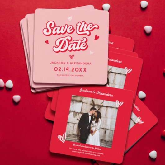 赤とピンクのヴァレンティ結婚ンの写真 セーブザデート