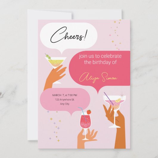 赤とピンクの例示誕生日パーティー 招待状 (正面)