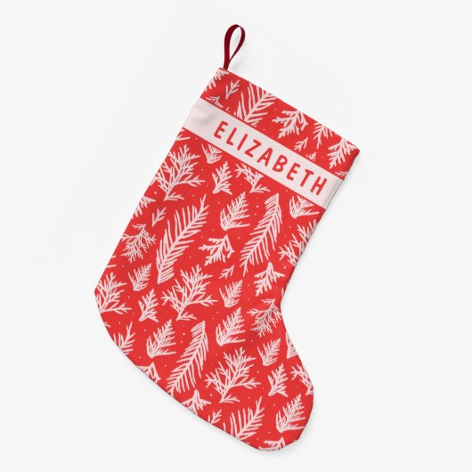 赤とピンクの冬の松の枝 スモールクリスマスストッキング (正面 (吊り時))