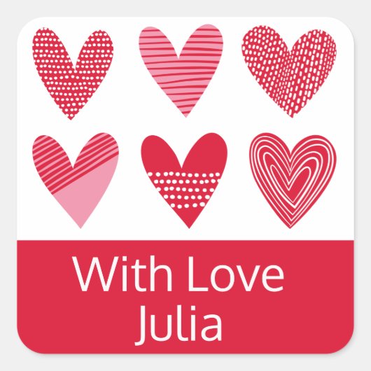 赤とピンクの可愛いハートと文字 スクエアシール (正面)