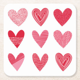 赤とピンクの可愛いハート スクエアペーパーコースター