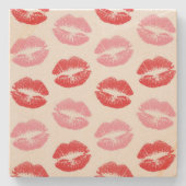 赤とピンクの唇、唇のパターン、口紅、キス ストーンコースター (正面)