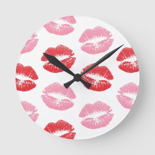 赤とピンクの唇、唇のパターン、口紅、キス ラウンド壁時計 (正面)