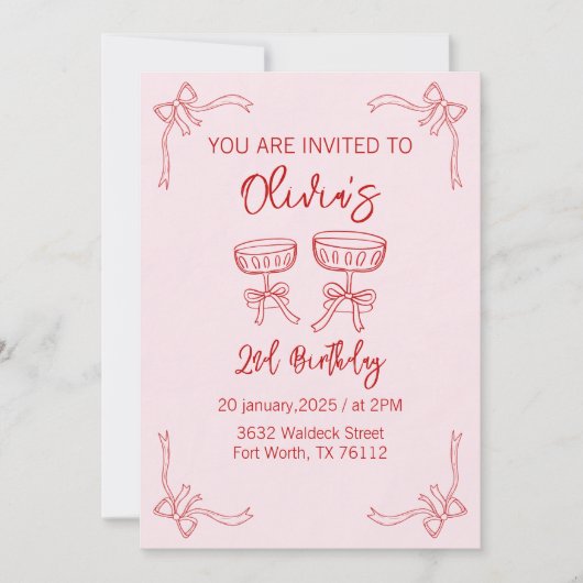 赤とピンクの女の子のための2番目の誕生日招待状 招待状 (正面)