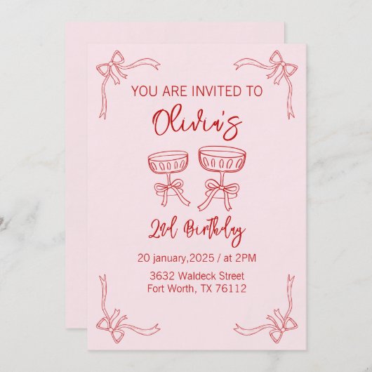 赤とピンクの女の子のための2番目の誕生日招待状 招待状 (正面/裏面)