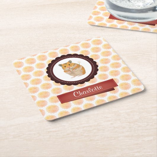 赤とピンクの女の子ハムスター スクエアペーパーコースター (アングル)
