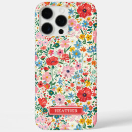 赤とピンクの小さな花のモノグラム入り iPhone 16 PRO MAXケース