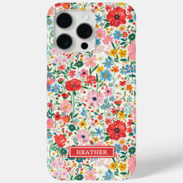 赤とピンクの小さな花のモノグラム入り iPhone 15 PRO MAXケース