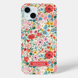 赤とピンクの小さな花のモノグラム入り iPhone 15 MINIケース
