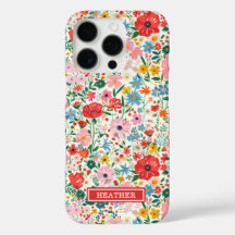 赤とピンクの小さな花のモノグラム入り