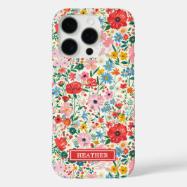 赤とピンクの小さな花のモノグラム入り iPhone 16 PROケース