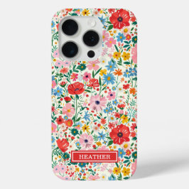 赤とピンクの小さな花のモノグラム iPhone 15 PROケース