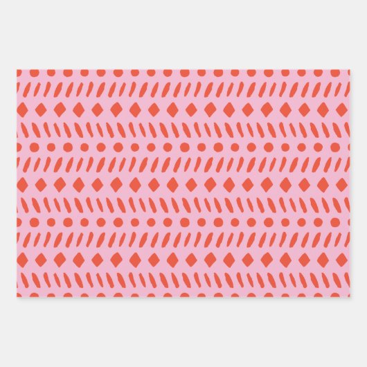 赤とピンクの幾何学的抽象芸術クリスマス ラッピングペーパーシート (正面)