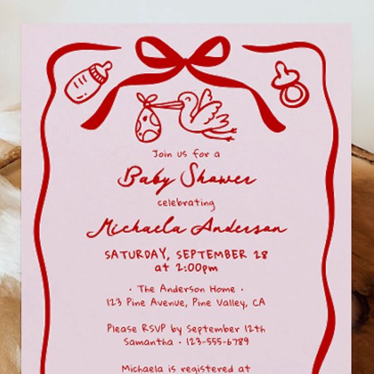 赤とピンクの手でドードル赤お洒落ちゃんシャワー 招待状