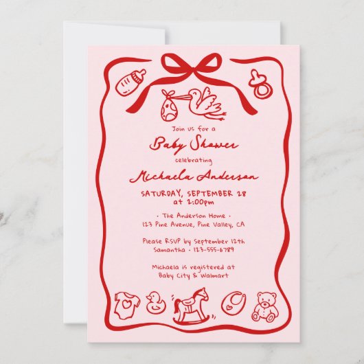 赤とピンクの手でドードル赤お洒落ちゃんシャワー 招待状 (正面)