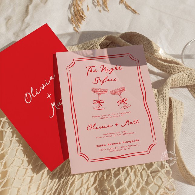 赤とピンクの手書きリハーサルディナー ウェディング (whimsical rehearsal dinner cocktails drinks wedding invite)