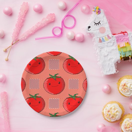 赤とピンクの格子柄トマトタータンチェック柄 ペーパープレート (パーティー)