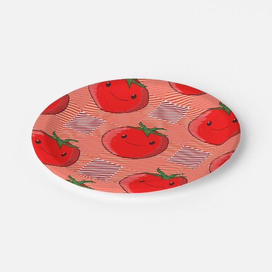 赤とピンクの格子柄トマトタータンチェック柄 ペーパープレート (アングル)