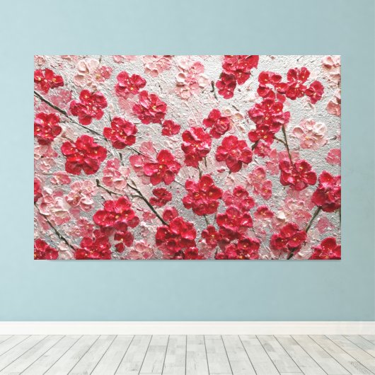 赤とピンクの桜 - インパスト壁画 キャンバスプリント (インサイチュ (ウッドフロア))