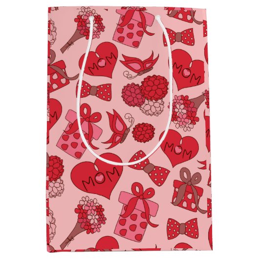 赤とピンクの母親の日のパターン ミディアムペーパーバッグ (正面)