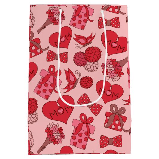 赤とピンクの母親の日のパターン ミディアムペーパーバッグ (裏面)
