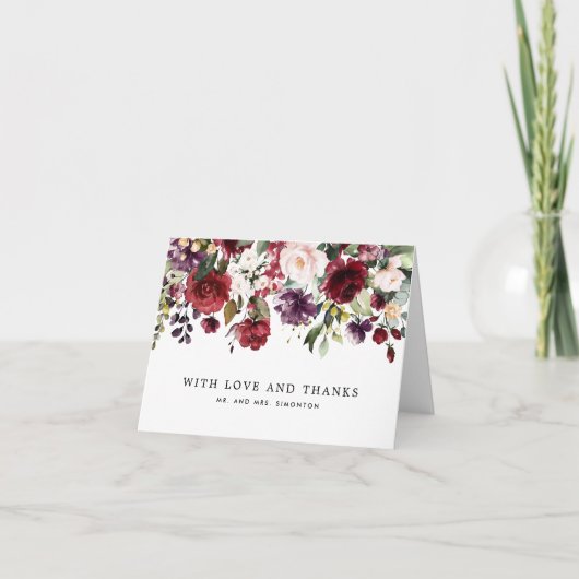 赤とピンクの水カラーフローラカスタム サンキューカード (正面)