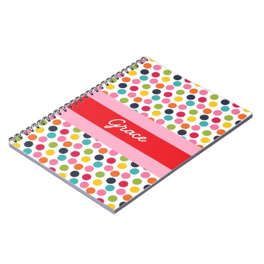 赤とピンクの水玉模様パーソナライズされたノート ノートブック (左側)