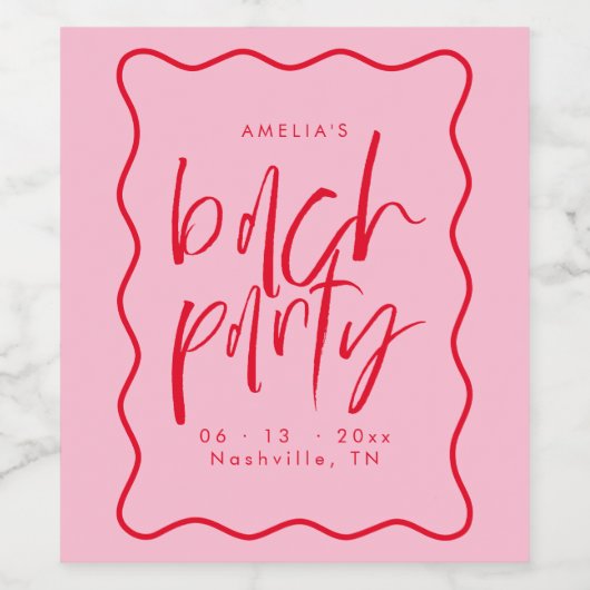 赤とピンクの波型フレームワインのバチェロレッテ ワインラベル (シングルラベル)