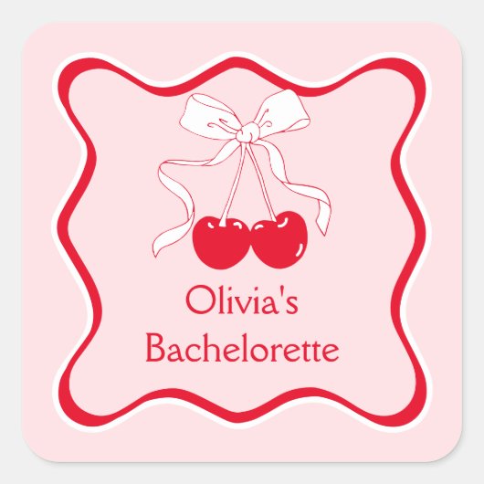 赤とピンクの波状の弓さくらんぼトップの好意 スクエアシール (正面)