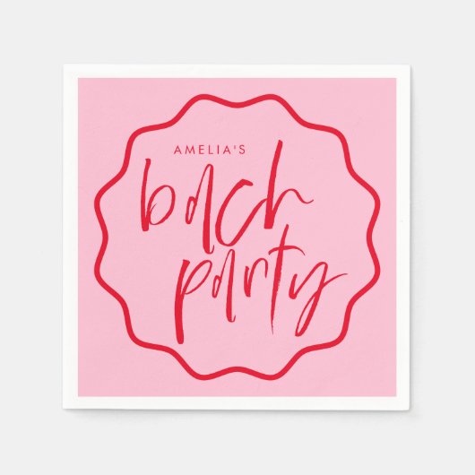 赤とピンクの波状フレームのバチェロレッテ スタンダードカクテルナプキン (正面)
