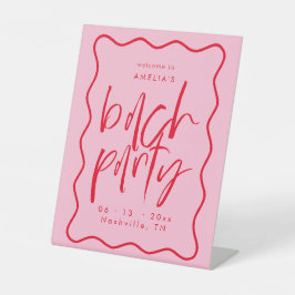 赤とピンクの波状フレームバチェロレッテウェルカムサイン 台座サイン