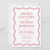 赤とピンクの波状結婚テーマ 招待状 (正面)