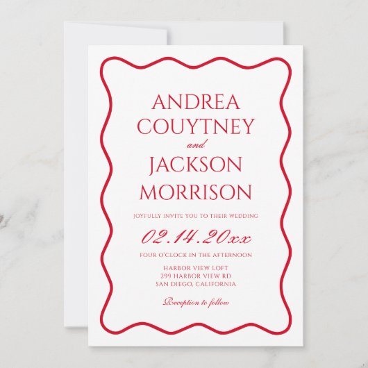 赤とピンクの波状結婚テーマ 招待状 (正面)