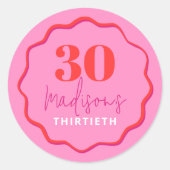 赤とピンクの波縁ど30歳の誕生日 ラウンドシール (正面)