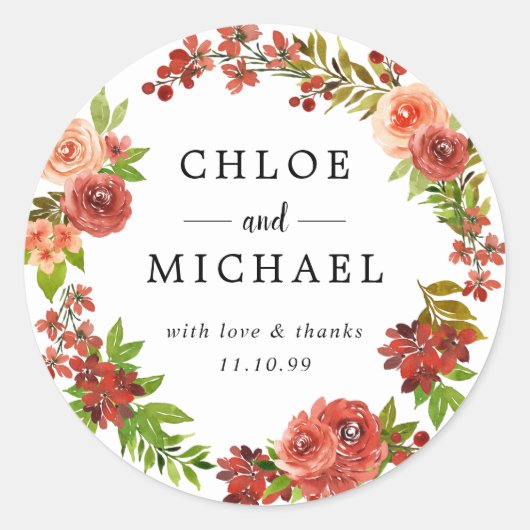 赤とピンクの秋の結婚式有難うシール ラウンドシール (正面)