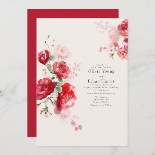 赤とピンクの紙バラ結婚ズ 招待状 (正面/裏面)