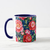 赤とピンクの芍薬と緑の葉の青いパターン マグカップ (左)