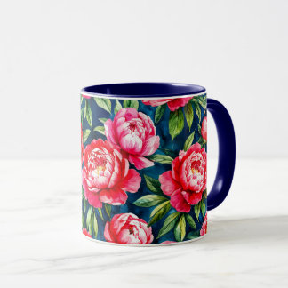 赤とピンクの芍薬と緑の葉の青いパターン マグカップ