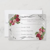 赤とピンクの花とシルバーグリッター – 出欠確認 出欠カード (裏面)