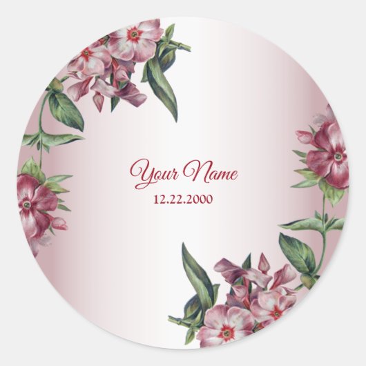 赤とピンクの花と緑の葉のモダンな結婚式パーティー ラウンドシール (正面)