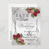 赤とピンクの花と銀のグリッター日付を保存 案内ポストカード (正面/裏面)