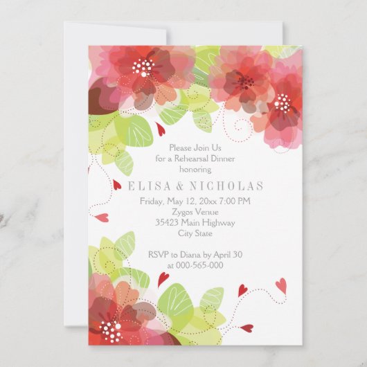 赤とピンクの花のフローラ結婚のリハーサルディナー 招待状 (正面)