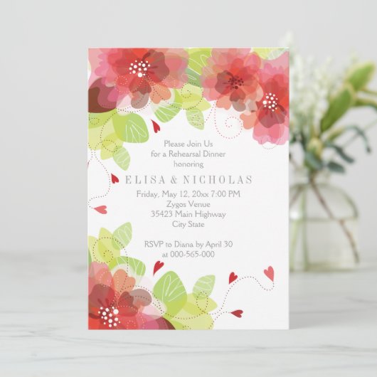 赤とピンクの花のフローラ結婚のリハーサルディナー 招待状 (スタンド正面)