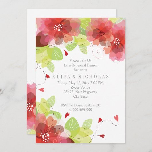 赤とピンクの花のフローラ結婚のリハーサルディナー 招待状 (正面/裏面)